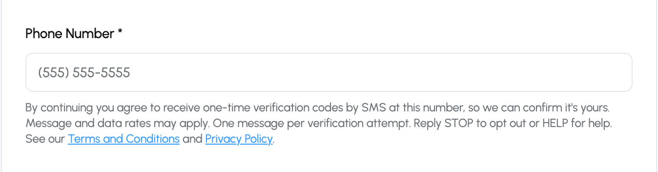 Recky account setup form. A field labelled 'Phone Number' with placeholder (555) 555-5555. Directly beneath it: 'By continuing you agree to receive one-time verification codes by SMS at this number, so we can confirm it's yours. Message and data rates may apply. One message per verification attempt. Reply STOP to opt out or HELP for help. See our Terms and Conditions and Privacy Policy.'